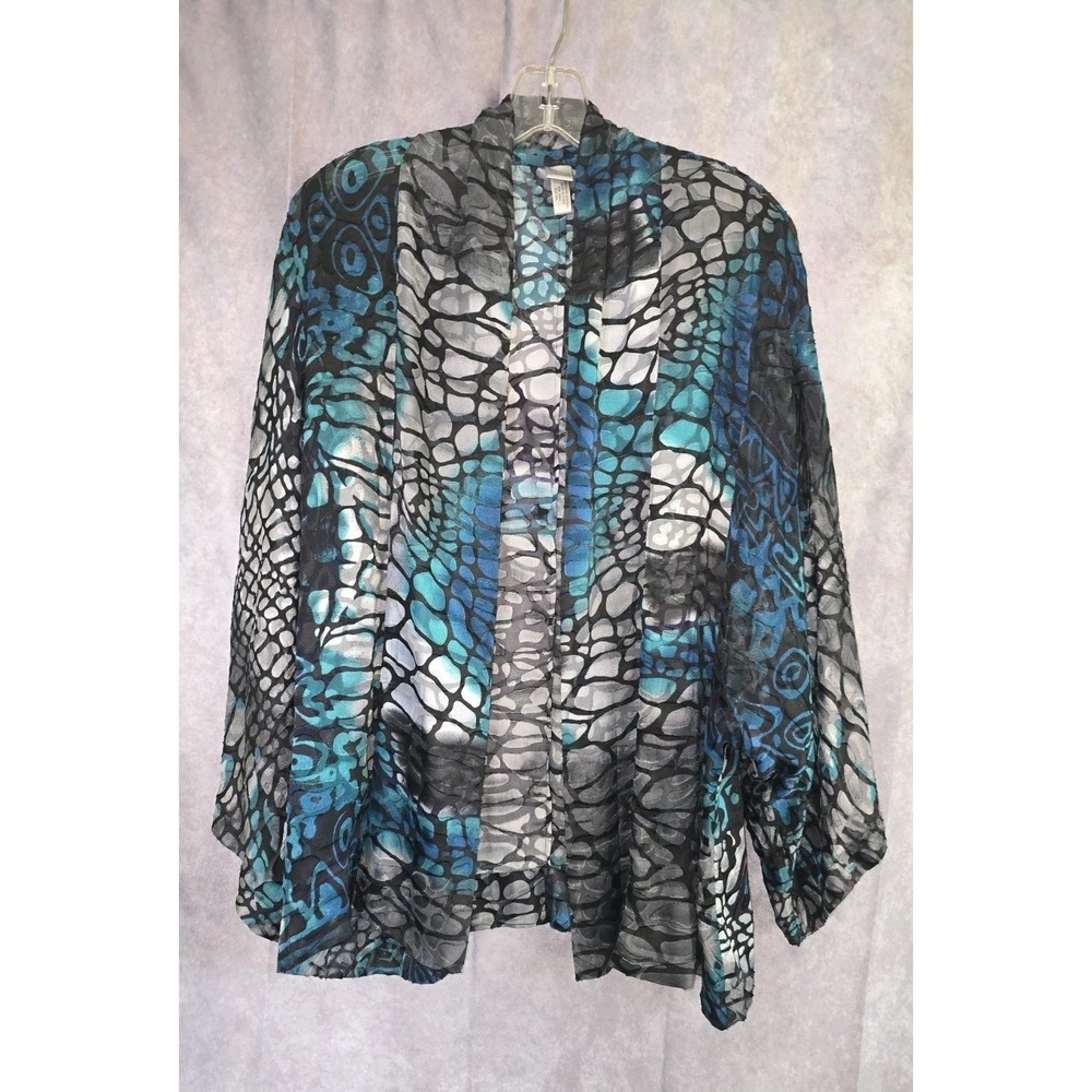 CHICO'S Rayon/ Silk Kimono Jacket M/L Blue Grey Abstract Pebble Burnout Cardigan